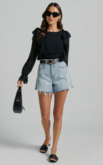 Emielene Top - Ruffle Scoop Neck Long Sleeve Top in Black