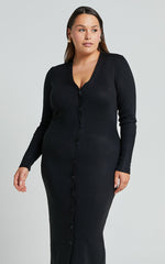 Leahanna Midi Dress - Button Front Knit Dress in Black