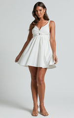 Jhency Mini Linen Blend Dress - Strappy Ruched Bust Dress in White