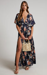 Vacay Ready Maxi Dress - Plunge Thigh Split Dress in Navy Multi Floral