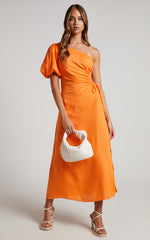Victoria Midi Dress - Linen One Shoulder Puff Sleeve Cut Out Dress in Orange