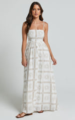 Abbey Maxi Linen Blend Dress - Strappy Straight Neck A Line Dress in White & Brown Sun Print