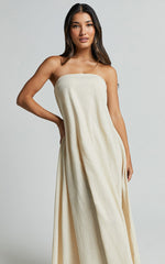 Adessa Maxi Linen Blend Dress - Strapless A Line Dress in Beige