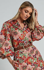 Amalie The Label - Hanae Linen Blend Collared Button Through Puff Sleeve Shirt in Musee Print
