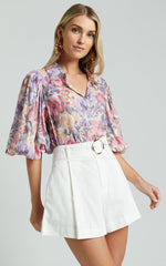 Amalie The Label - Sabine Puff Sleeve Button Through Blouse in Aurora Print