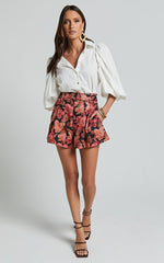 Amalie The Label - Noemie Linen Blend High Waisted Belted Tailored Shorts in Atalie Print