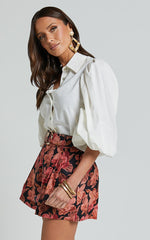 Amalie The Label - Noemie Linen Blend High Waisted Belted Tailored Shorts in Atalie Print