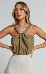 Avayah Top - Linen Twist Halter Neck in Dark Olive