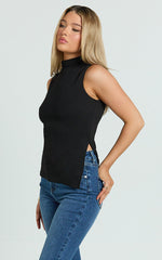 Barbara Top - High Neck Sleeveless With Side Split Top in Black