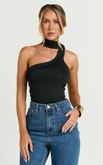 Betty Top - One Shoulder Halter Neck Scarf Top in Black