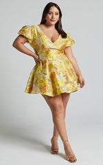Brailey Jacquard Mini Dress - Puff Sleeve Dress in Yellow Floral