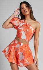 Brailey Two Piece Set - One Shoulder Puff Sleeve Top and Shorts Set in Orange Jacquard