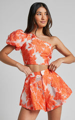 Brailey Two Piece Set - One Shoulder Puff Sleeve Top and Shorts Set in Orange Jacquard