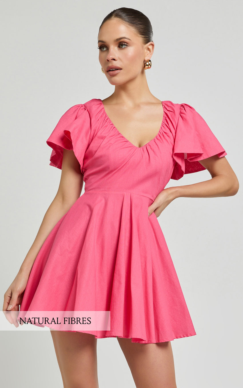 Carli Mini Dress - Linen Ruched Bodice Bell Sleeve Dress in Pink
