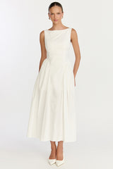 Casina Midi Dress - Boat Neck Tie Back Fit And Flare Dress in Off White