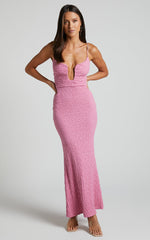Charlee Midi Dress - Bodycon Sweetheart Cut Out Bust Thin Strap Dress in Pink