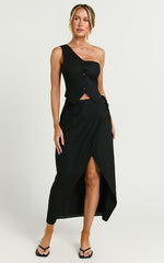 Claudia Two Piece Set - Linen Look One Shoulder Button Down Top and Midi Skirt Set in Black