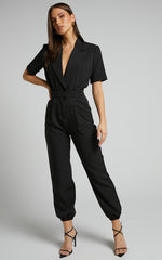 Coco Jumpsuit - Collared Short Sleeve Straight Leg Jumpsuit in Black