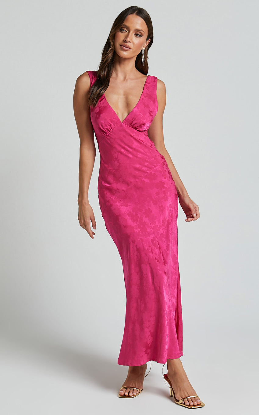 Cohen Midi Dress - Jacquard Satin Midi Dress in Pink