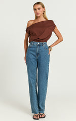 Collins Linen Blend Top - Draped Asymmetrical Neckline Top in Chocolate