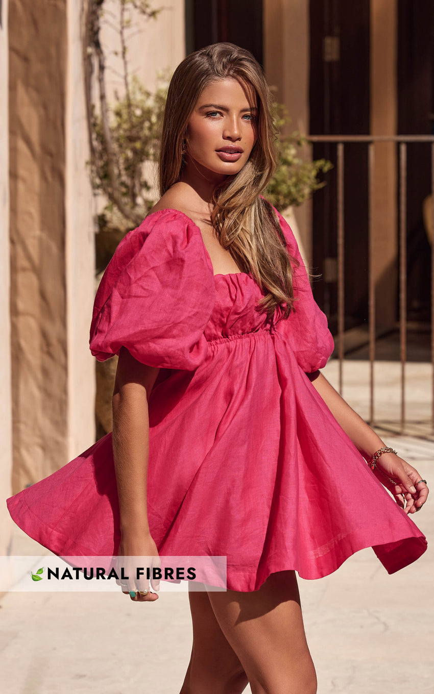 Amalie The Label - Hamyya Linen Tie Back Puff Sleeve Mini Linen Dress in Magenta