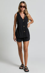 Devon Two Piece Set - Open Side Detail Top & Short Linen Set in Black