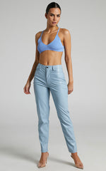 Dilyene Pants - Mid Waist Straight Leg Faux Leather Pants in Blue