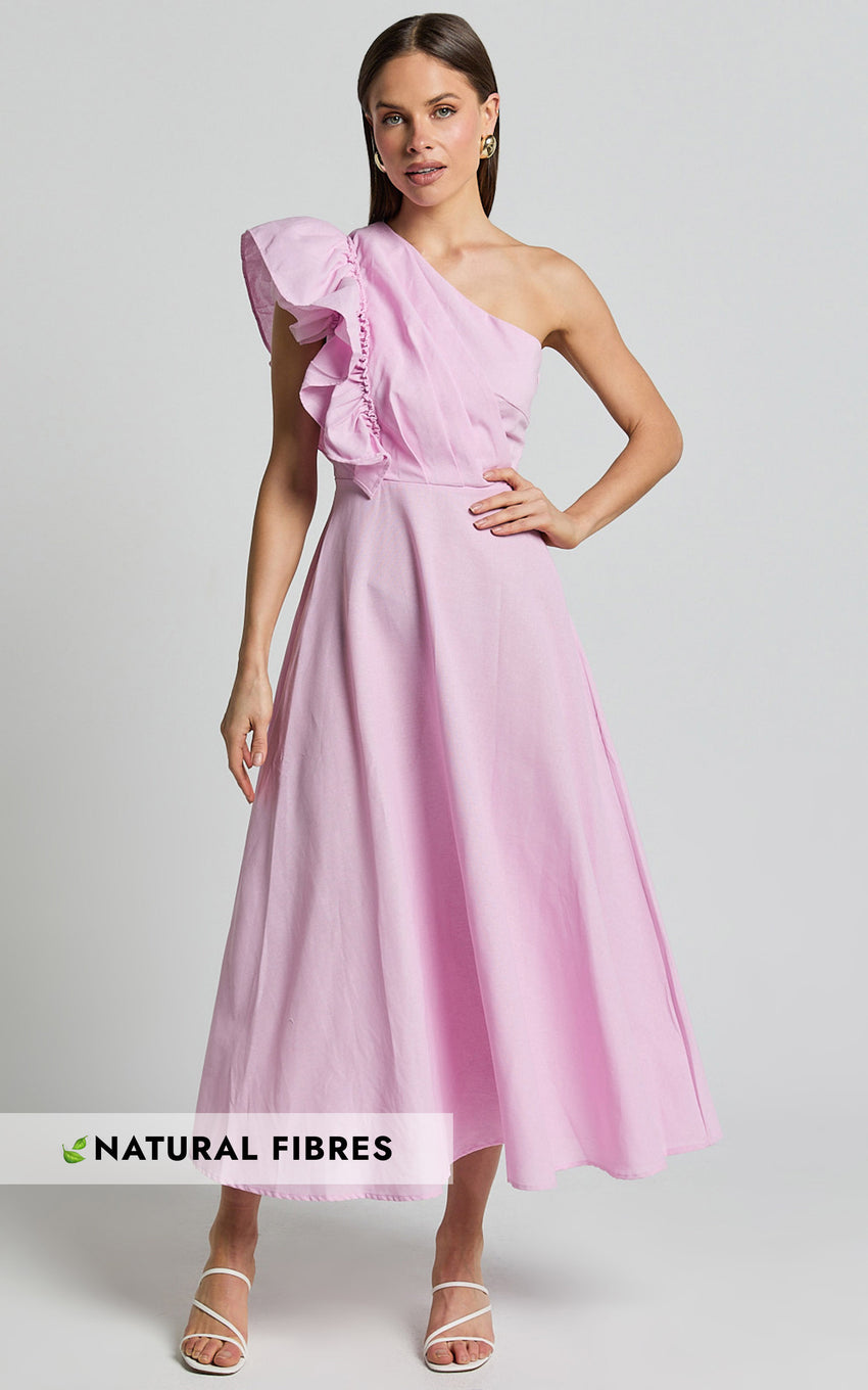 Dixie Midi Dress - Linen Look One Shoulder Ruffle Dress in Pink