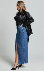 Ellery Faux Leather Jacket - Faux Leather Longline Belted Biker Jacket in Black