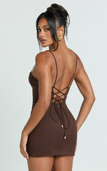 Frances Mini Linen Blend Dress - Ruched Lace Up Back Dress in Chocolate