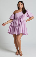 Harleen Mini Dress - Linen Asymmetrical Trim Puff Sleeve Dress in Lavender