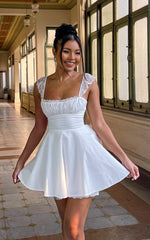 Adalee Mini Dress - Sleeveless Ruched Bodice Lace Trim Dress in Off White