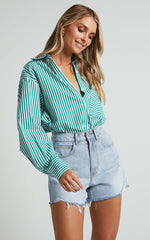 Jaycey Shirt - Long Sleeve Pocket Detail Shirt in Green Stripe