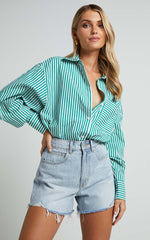Jaycey Shirt - Long Sleeve Pocket Detail Shirt in Green Stripe