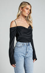 Julian Top - Off Shoulder Long Sleeve Cowl Neck Top in Black