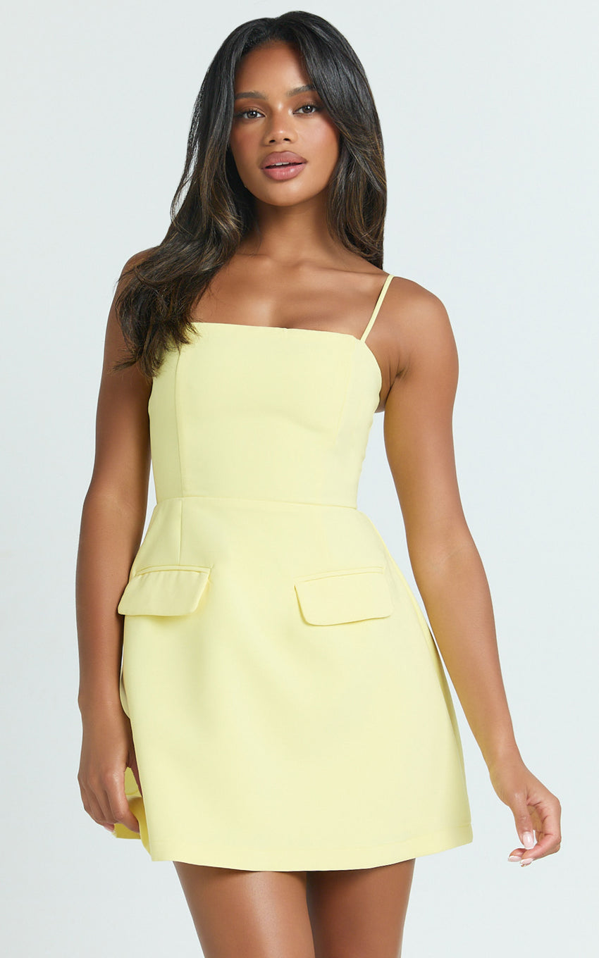 Katia Mini Dress - Strappy Corset A Line Dress in Lemon