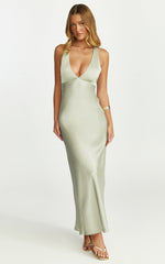 Khalani Maxi Dress - Deep V Neck Satin Slip Dress in Light Olive