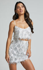 Khrizza Top - Sequin Diamond Mesh Cropped Cami Top in White/Silver