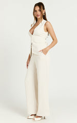 Kira Top - Tailored Longline Tie Back V Neck Vest in Bone