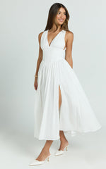 Lainey Midi Dress - Embroidered V Neck Corset Drop Waist Fit And Flare Dress in White