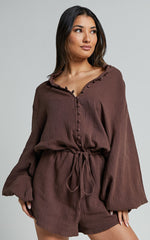 Laylani Playsuit - V Neck Puff Sleeve in Chocolate