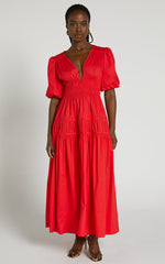 Mellie Midi Dress - Puff Sleeve Plunge Tiered Dress in Cherry Tomato