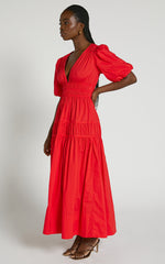 Mellie Midi Dress - Puff Sleeve Plunge Tiered Dress in Cherry Tomato