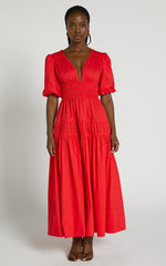 Mellie Midi Dress - Puff Sleeve Plunge Tiered Dress in Cherry Tomato