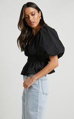 Mellie Top - Puff Sleeve Peplum Top in Black