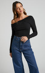 Misael Top - Asymmetrical Twist Front Jersey Top in Black