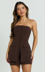 Monroe Two Piece Set - Strapless Button Down Longline Vest Top and High Waisted Mini Skirt in Chocolate