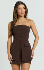Monroe Two Piece Set - Strapless Button Down Longline Vest Top and High Waisted Mini Skirt in Chocolate