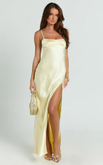Natalie Maxi Dress - Satin Scoop Neck Low Tie Back Slip Dress in Lemon