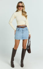 Natalie Top - Long Sleeve Roll Neck Knitted Top in Cream